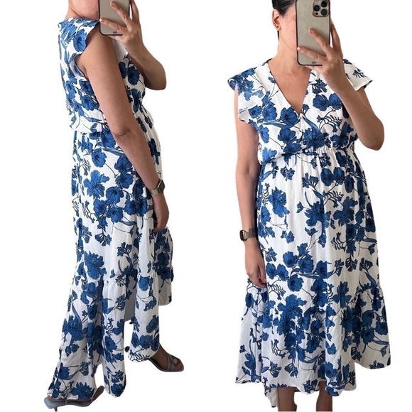 NWT LULUS Asymmetric Floral White Blue Maxi Dress Size M - Picture 1 of 8